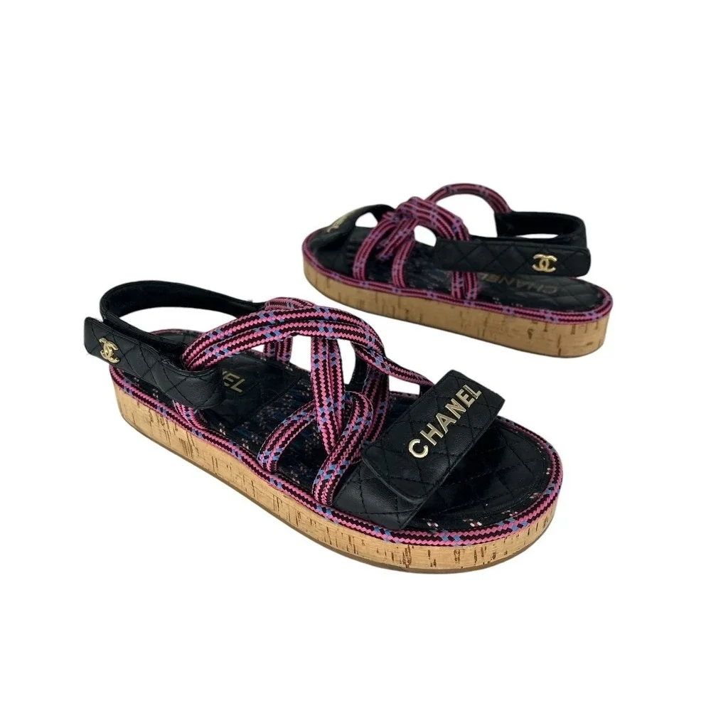 Chanel 2020 Cord Lambskin Quilted Logo Sandals Pink Black Size 38